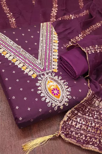 purple unstitched weaving embroidered neck with woven embellished dupatta dress material