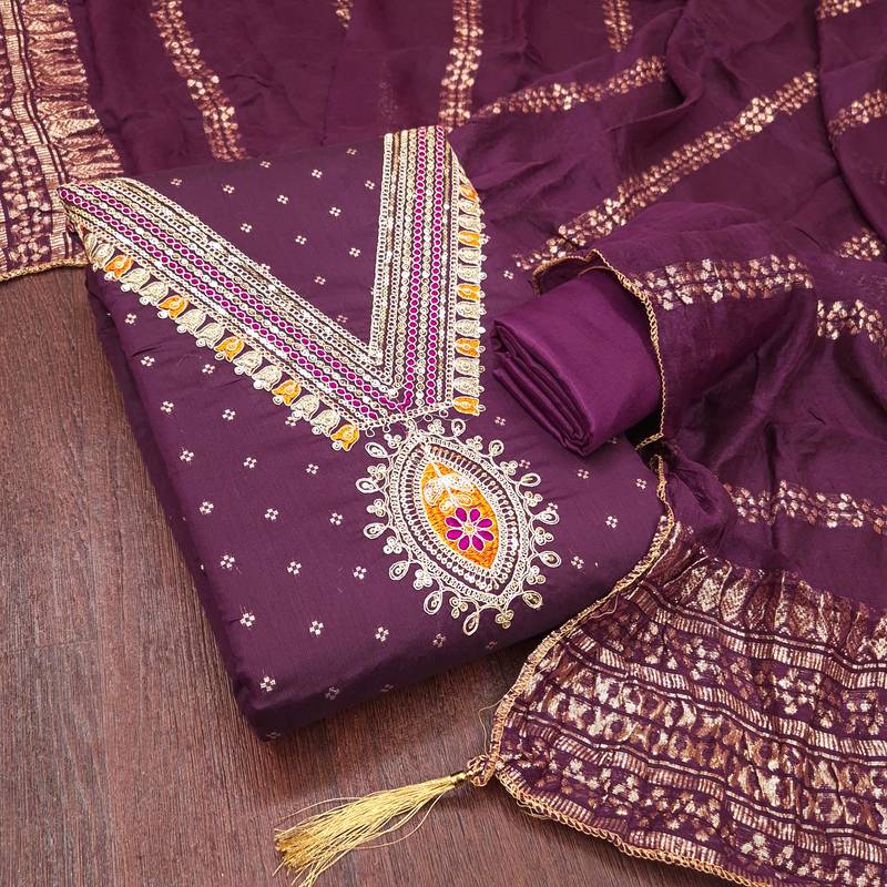 purple unstitched weaving embroidered neck with woven embellished dupatta dress material