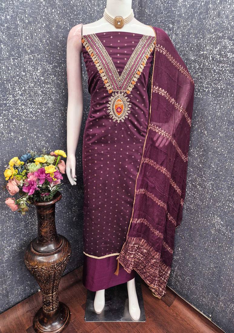 purple unstitched weaving embroidered neck with woven embellished dupatta dress material