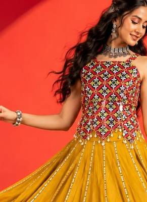 MUSTERD RAYON COTTON EMBROIDERY NAVRATRI CHANIYA CHOLI- full stitched free size UP TO 42  2