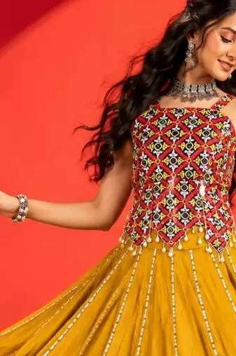 MUSTERD RAYON COTTON EMBROIDERY NAVRATRI CHANIYA CHOLI- full stitched free size UP TO 42 