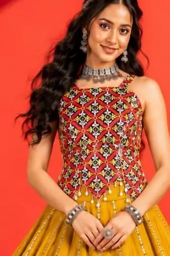 MUSTERD RAYON COTTON EMBROIDERY NAVRATRI CHANIYA CHOLI- full stitched free size UP TO 42 