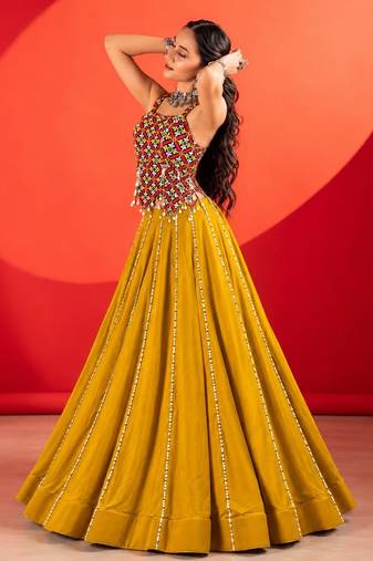 MUSTERD RAYON COTTON EMBROIDERY NAVRATRI CHANIYA CHOLI- full stitched free size UP TO 42 