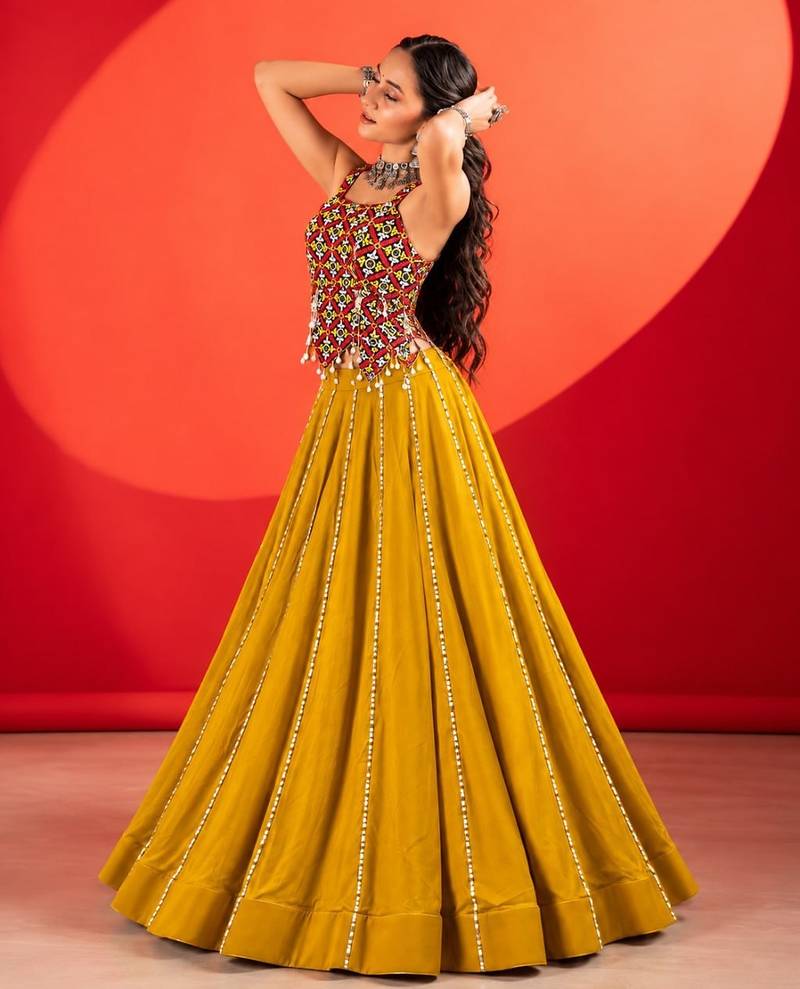 MUSTERD RAYON COTTON EMBROIDERY NAVRATRI CHANIYA CHOLI- full stitched free size UP TO 42 