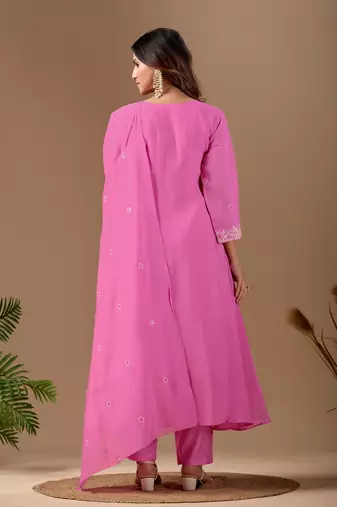 Pink embroidery mul chanderi kurta with pant and duptta set