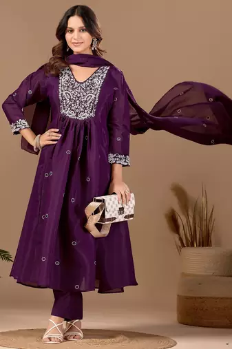 Wine embroidery mul chanderi kurta with pant and duptta set