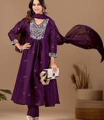 Wine embroidery mul chanderi kurta with pant and duptta set