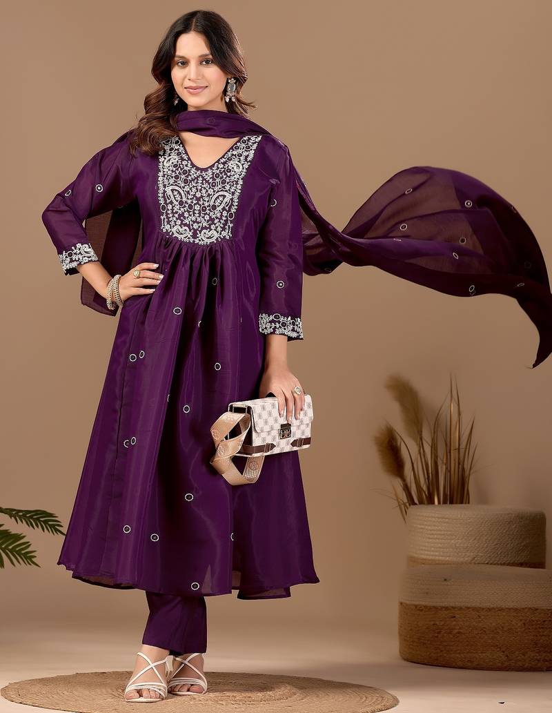Wine embroidery mul chanderi kurta with pant and duptta set