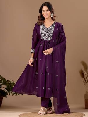 Wine embroidery mul chanderi kurta with pant and duptta set 2