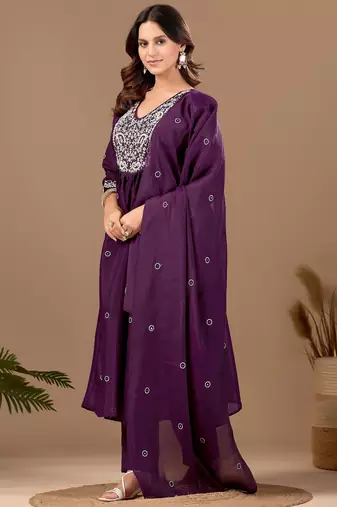 Wine embroidery mul chanderi kurta with pant and duptta set