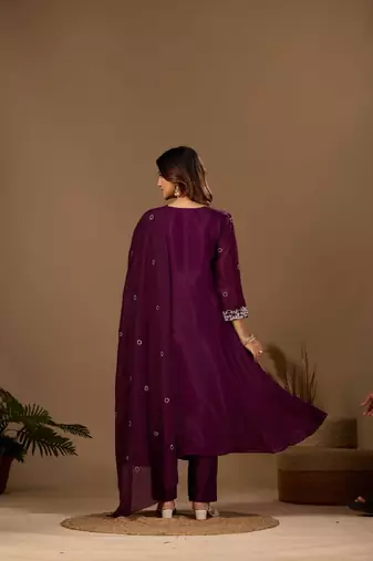 Wine embroidery mul chanderi kurta with pant and duptta set