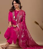 Rani pink embroidery with hand work mul chanderi kurta with pant and duptta set