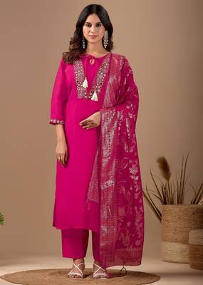 Rani pink embroidery with hand work mul chanderi kurta with pant and duptta set 2