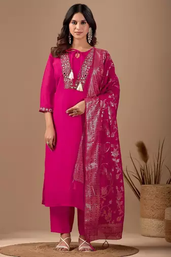 Rani pink embroidery with hand work mul chanderi kurta with pant and duptta set