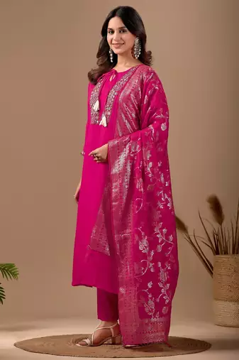 Rani pink embroidery with hand work mul chanderi kurta with pant and duptta set