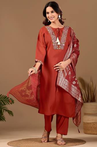 Brown embroidery with hand work mul chanderi kurta with pant and duptta set
