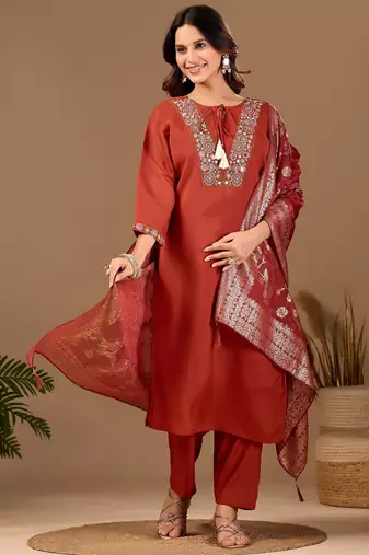 Brown embroidery with hand work mul chanderi kurta with pant and duptta set