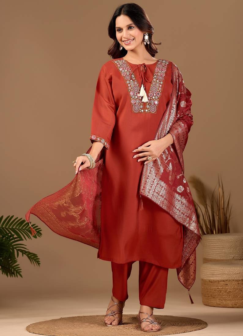 Brown embroidery with hand work mul chanderi kurta with pant and duptta set