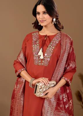 Brown embroidery with hand work mul chanderi kurta with pant and duptta set 2