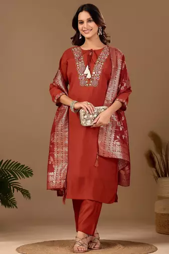 Brown embroidery with hand work mul chanderi kurta with pant and duptta set