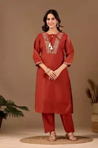 Brown embroidery with hand work mul chanderi kurta with pant and duptta set