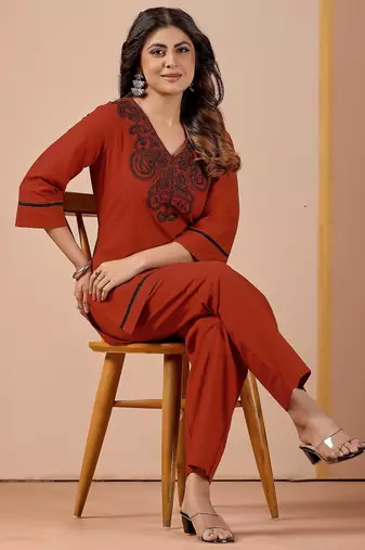 Brown embroidery cotton kurta with pant