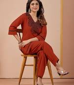 Brown embroidery cotton kurta with pant