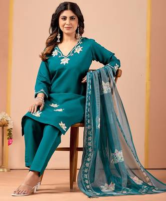 Teal blue embroidery rayon kurta with pant and duptta 1