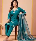 Teal blue embroidery rayon kurta with pant and duptta