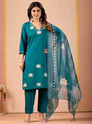 Teal blue embroidery rayon kurta with pant and duptta 2