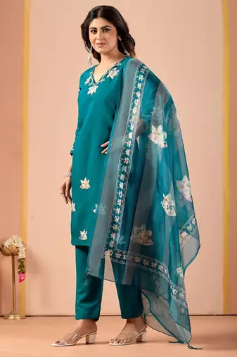 Teal blue embroidery rayon kurta with pant and duptta