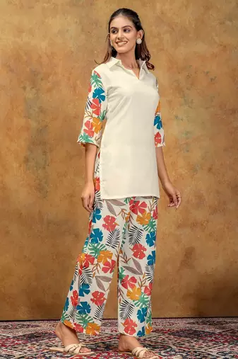 White printed cotton kurta with pant
