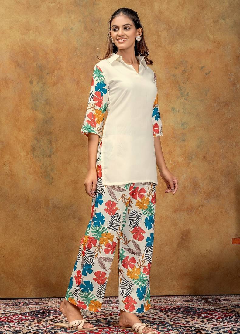White printed cotton kurta with pant