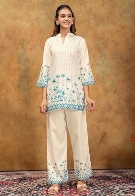 Blue printed cotton kurta with pant 2