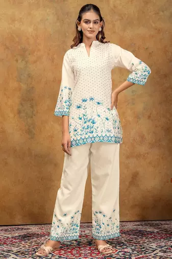 Blue printed cotton kurta with pant
