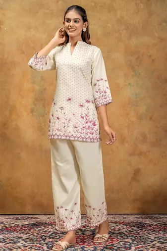 Wine printed cotton kurta with pant