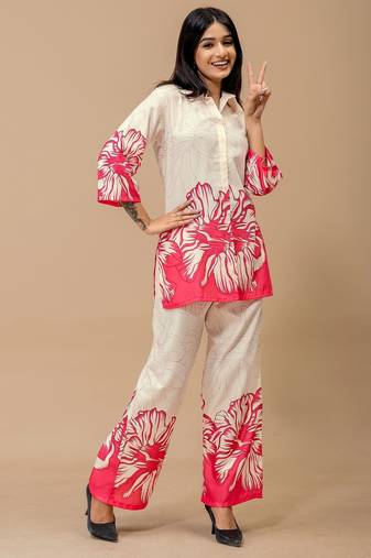 Pink printed cotton kurta with pant