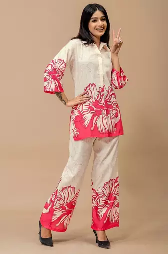 Pink printed cotton kurta with pant