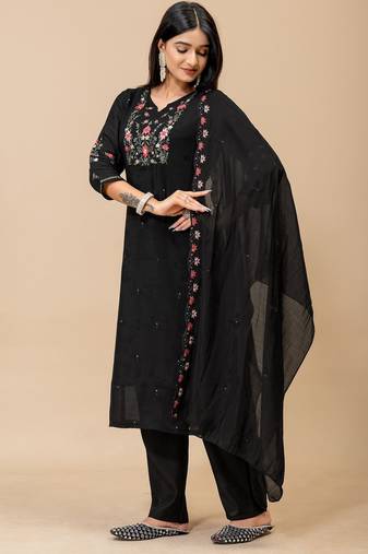 Black embroidery mul cotton kurta with pant and duptta
