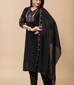 Black embroidery mul cotton kurta with pant and duptta