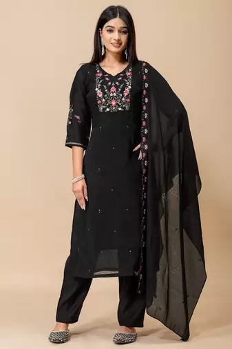 Black embroidery mul cotton kurta with pant and duptta
