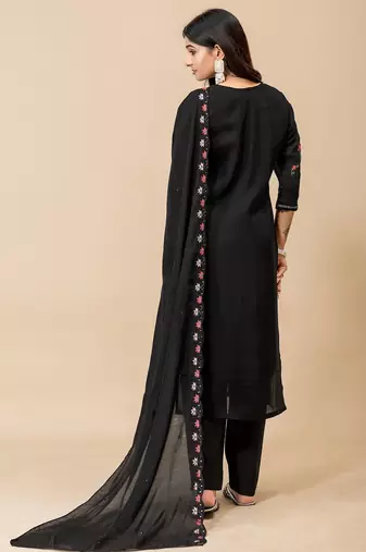 Black embroidery mul cotton kurta with pant and duptta