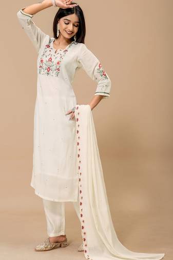White embroidery mul cotton kurta with pant and duptta