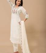 White embroidery mul cotton kurta with pant and duptta