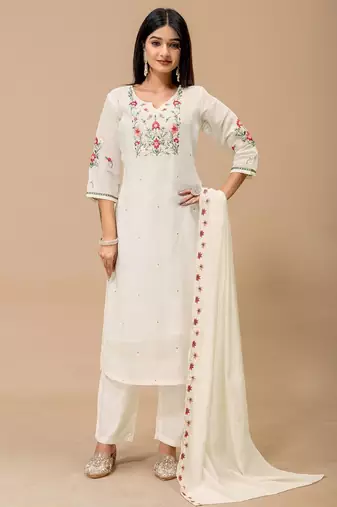 White embroidery mul cotton kurta with pant and duptta