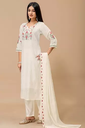White embroidery mul cotton kurta with pant and duptta