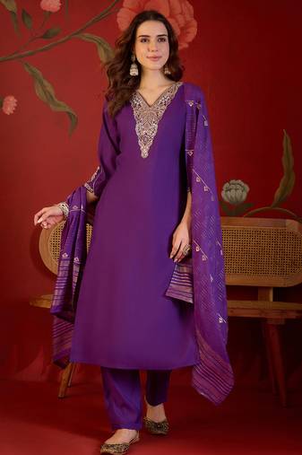 Purple hand-worked kurta with pant & jacquard dupatta set