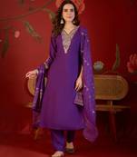 Purple hand-worked kurta with pant & jacquard dupatta set
