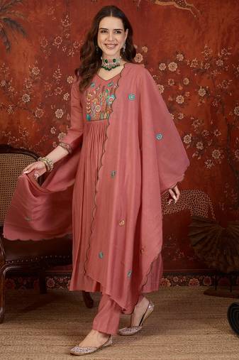 Dusty rose heavy work kurta with pant & dupatta set