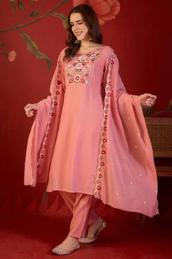 Peach heavy work kurta with pant & dupatta set